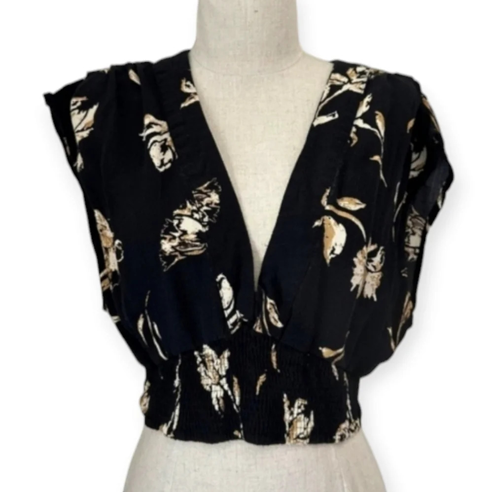 Free People Smocked Crop Blouse Plunging V-Neck Black with Tan, Cream Floral XS